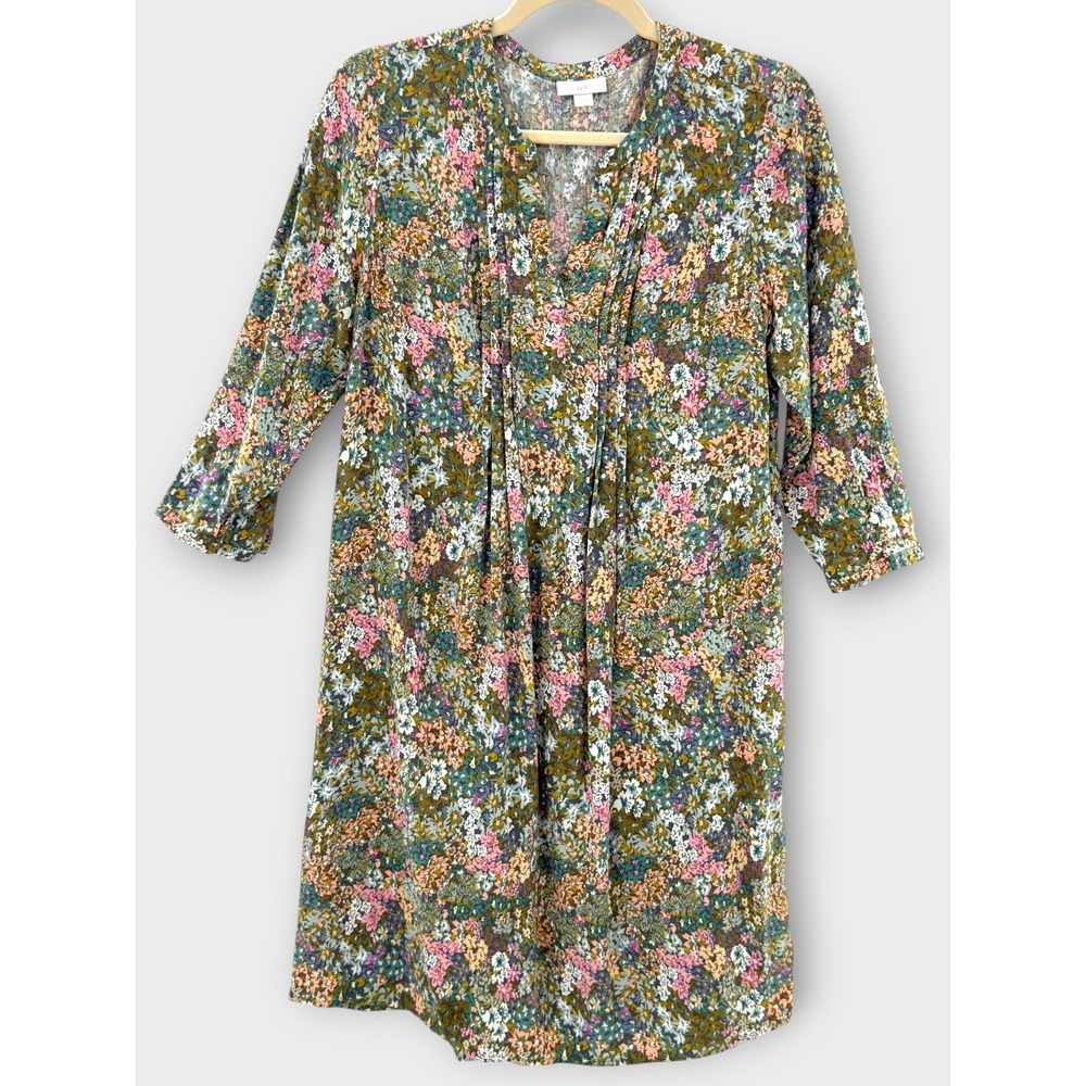 J. Jill Shift Dress Women XS Green  Ditsy Floral Pintuck 3/4 Sleeve Boho Peasant